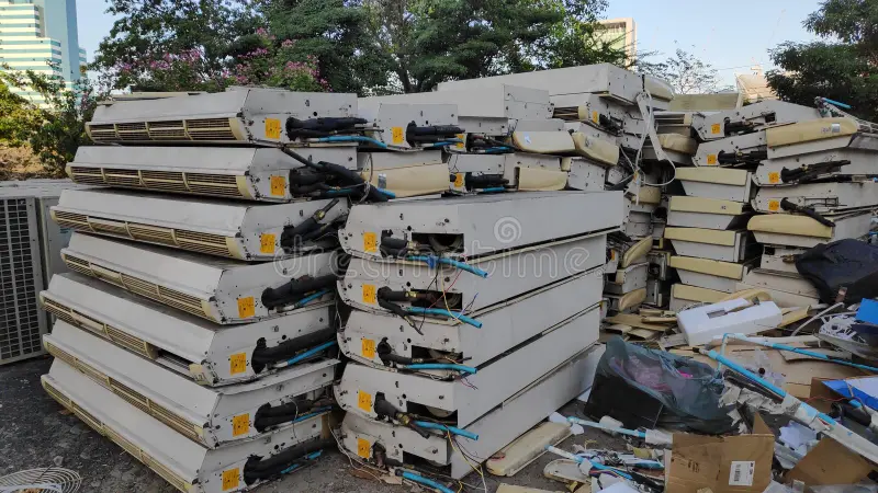 Home pile discarded damaged air conditioners stock photo old stacked top each other waiting to be trashed 206307117