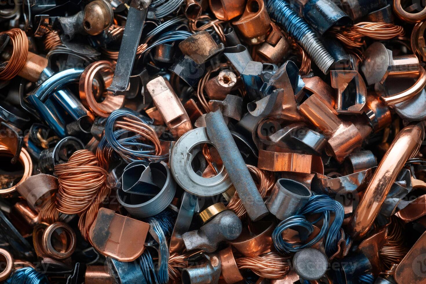 Home scrap metal recycling copper brass and electrical components forming an industrial background photo